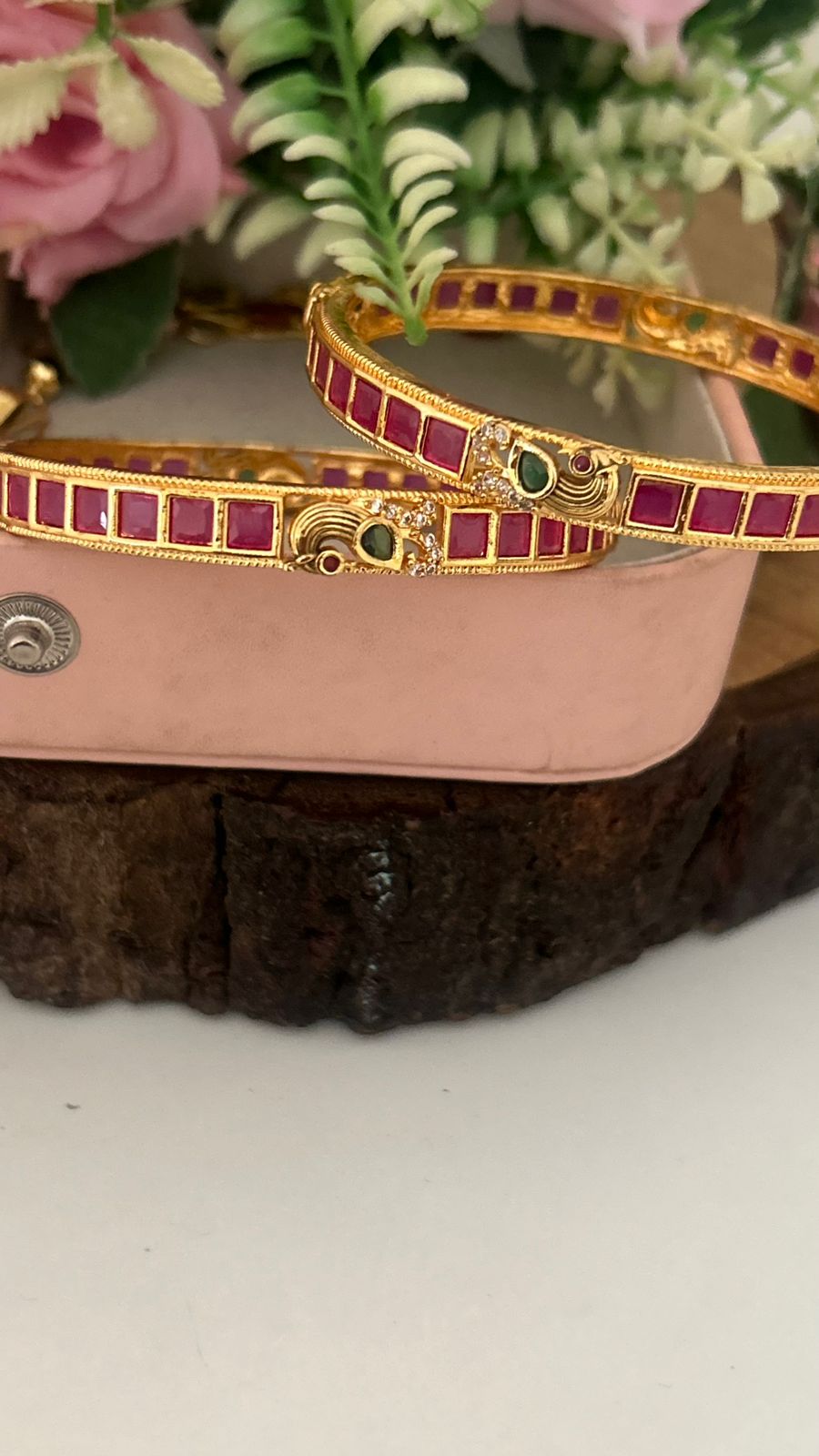 Traditional Peacock Design Ruby Stone Bangles – South Indian Gold Plated Bridal Bangles