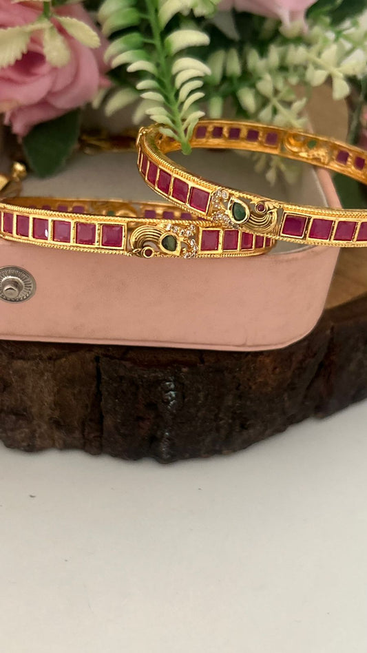 Traditional Peacock Design Ruby Stone Bangles – South Indian Gold Plated Bridal Bangles