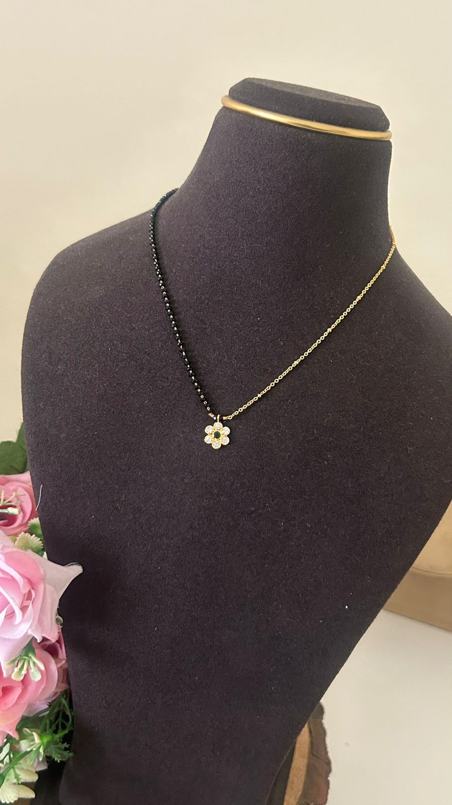 Gold Plated Black Beads Mangalsutra with Crystal Flower Pendant – Lightweight Daily Wear Design