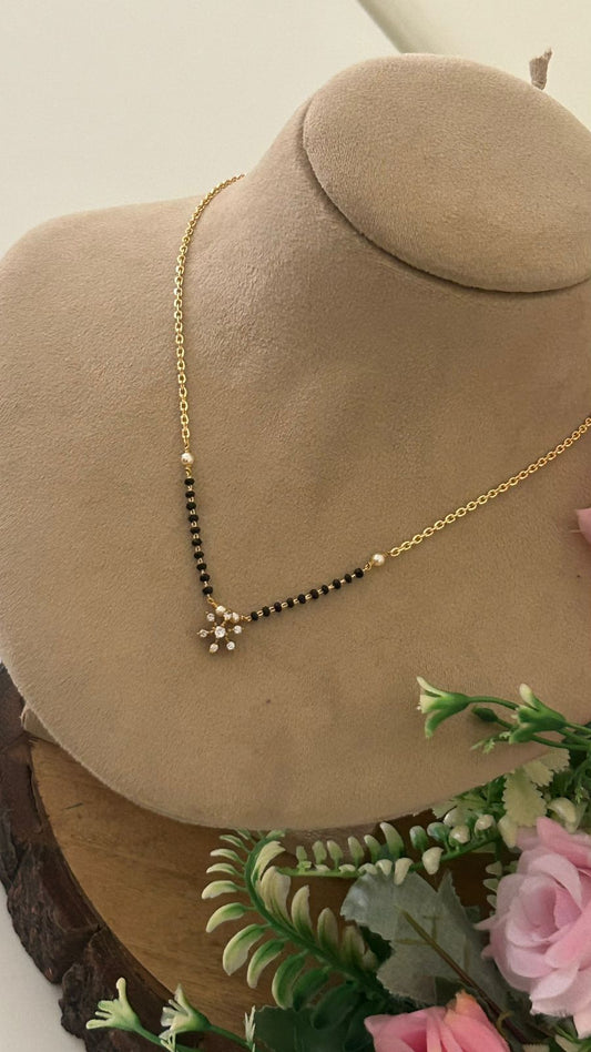 Elegant Black Beads Mangalsutra with Pearl and CZ Flower Pendant – One Gram Gold Design