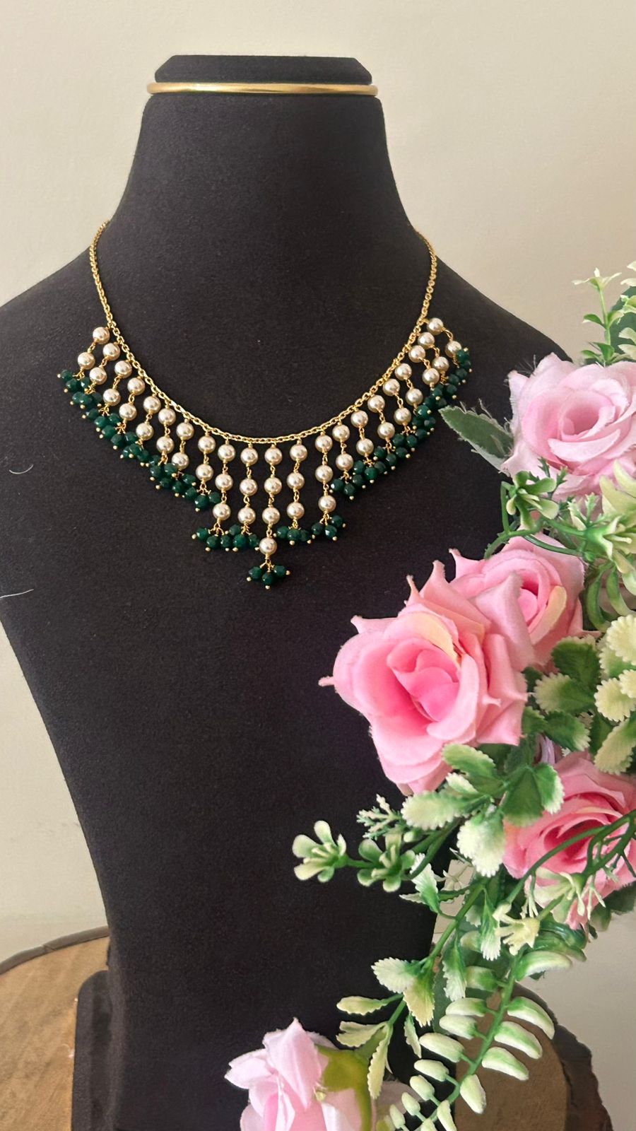 Stylish Pearl Drop Necklace with Green Beads – Lightweight One Gram Gold Fashion Jewellery