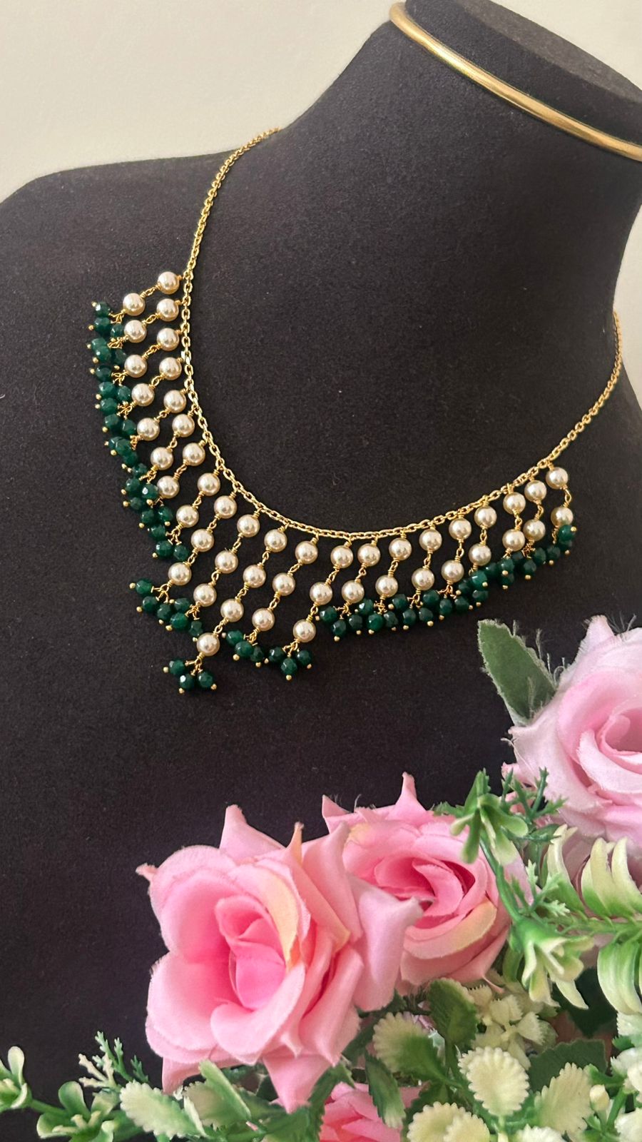 Stylish Pearl Drop Necklace with Green Beads – Lightweight One Gram Gold Fashion Jewellery