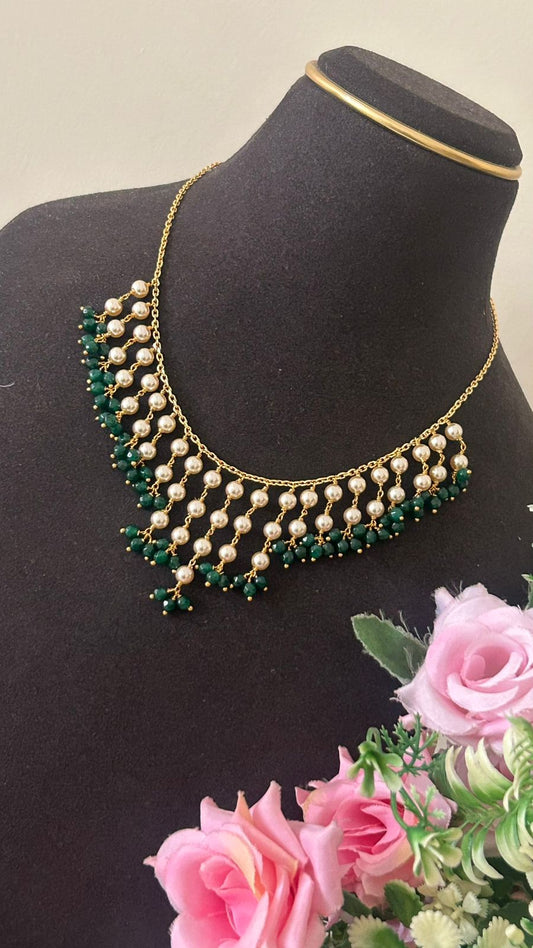 Stylish Pearl Drop Necklace with Green Beads – Lightweight One Gram Gold Fashion Jewellery