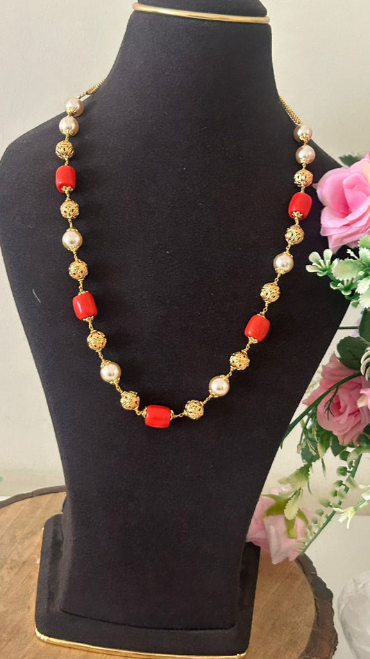 Traditional Coral Red Beads Necklace with Pearls & Antique Gold Balls – Elegant Necklace