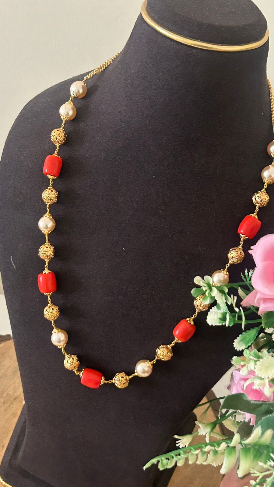 Traditional Coral Red Beads Necklace with Pearls & Antique Gold Balls – Elegant Necklace