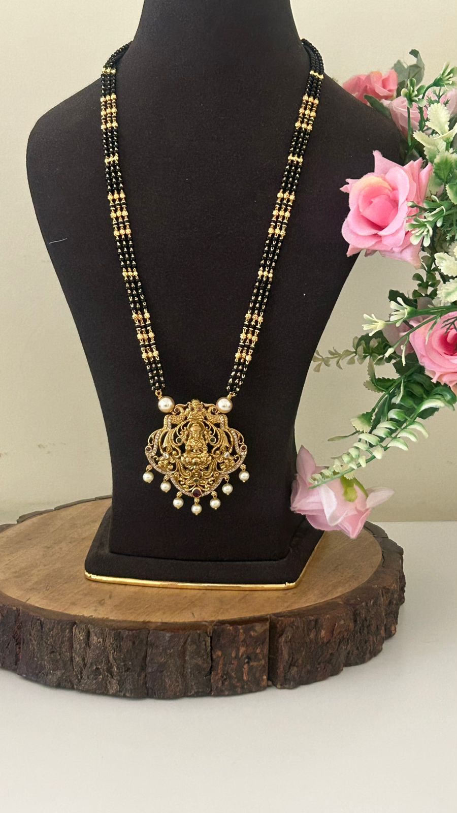 Designer Long Mangalsutra with Lakshmi Goddess Pendant – Traditional Temple Jewellery Style