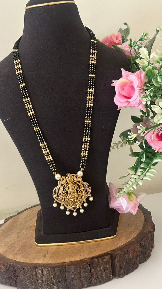 Designer Long Mangalsutra with Lakshmi Goddess Pendant – Traditional Temple Jewellery Style