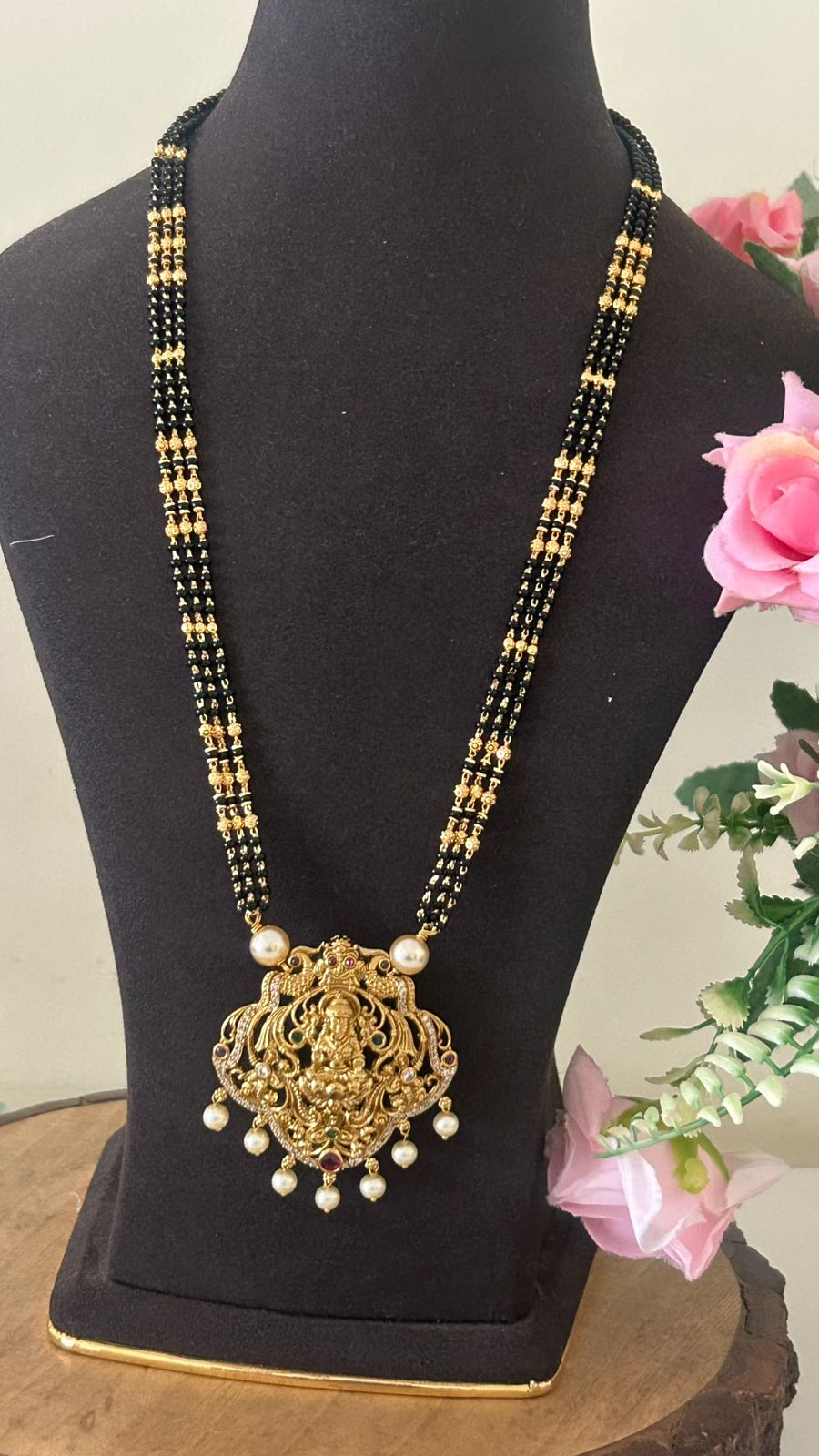 Designer Long Mangalsutra with Lakshmi Goddess Pendant – Traditional Temple Jewellery Style