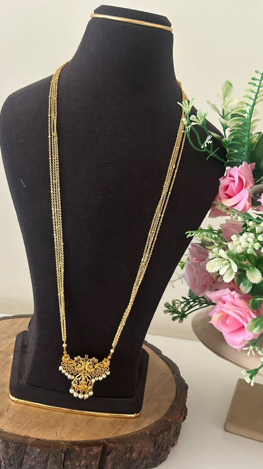 Elegant Multi-Layer Chandraharam with Lakshmi Pendant – One Gram Gold Bridal Haram