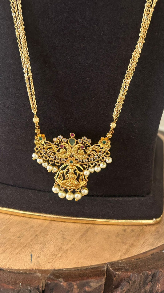 Elegant Multi-Layer Chandraharam with Lakshmi Pendant – One Gram Gold Bridal Haram