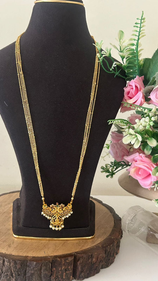 Elegant Multi-Layer Chandraharam with Lakshmi Pendant – One Gram Gold Bridal Haram