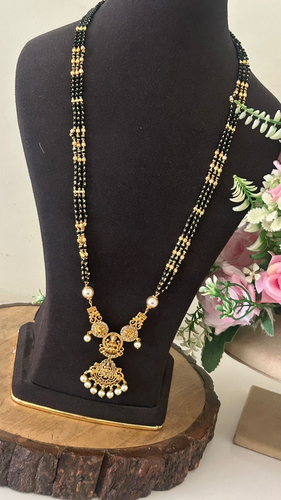 Traditional Lakshmi Temple Black Beads Long Mangalsutra with Pearl Drops – One Gram Gold Plated Bridal Mangalsutra