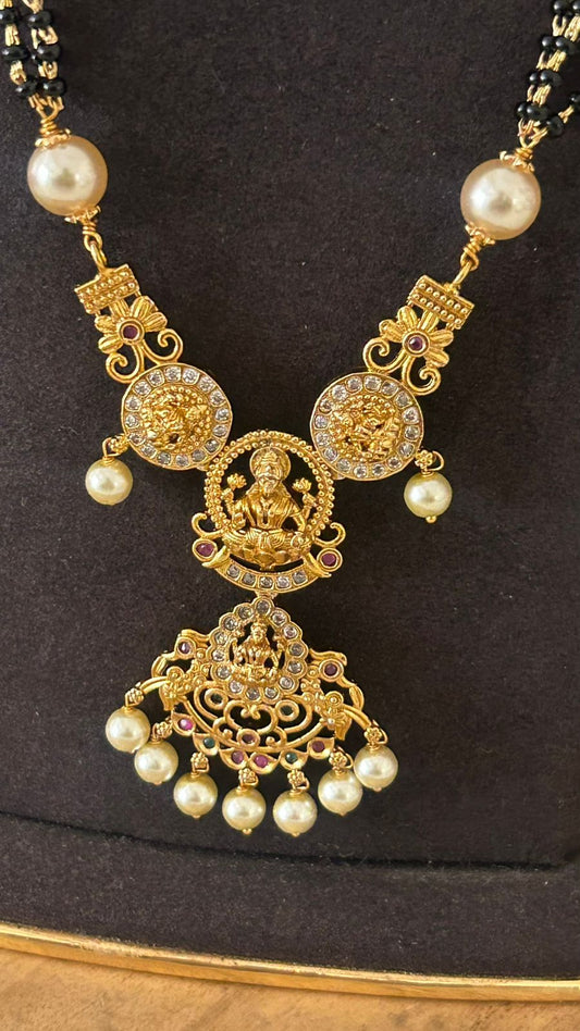 Traditional Lakshmi Temple Black Beads Long Mangalsutra with Pearl Drops – One Gram Gold Plated Bridal Mangalsutra