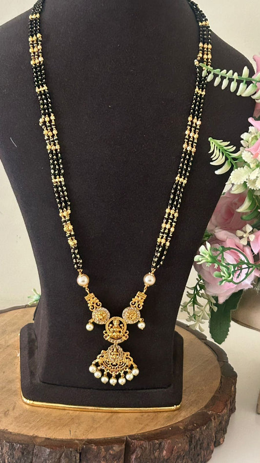 Traditional Lakshmi Temple Black Beads Long Mangalsutra with Pearl Drops – One Gram Gold Plated Bridal Mangalsutra