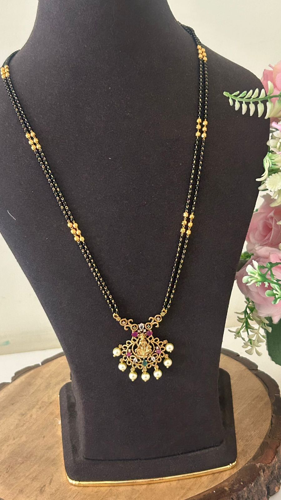 Traditional Lakshmi Temple Black Beads Mangalsutra with Pearl Drops – One Gram Gold Plated Long Mangalsutra for Women