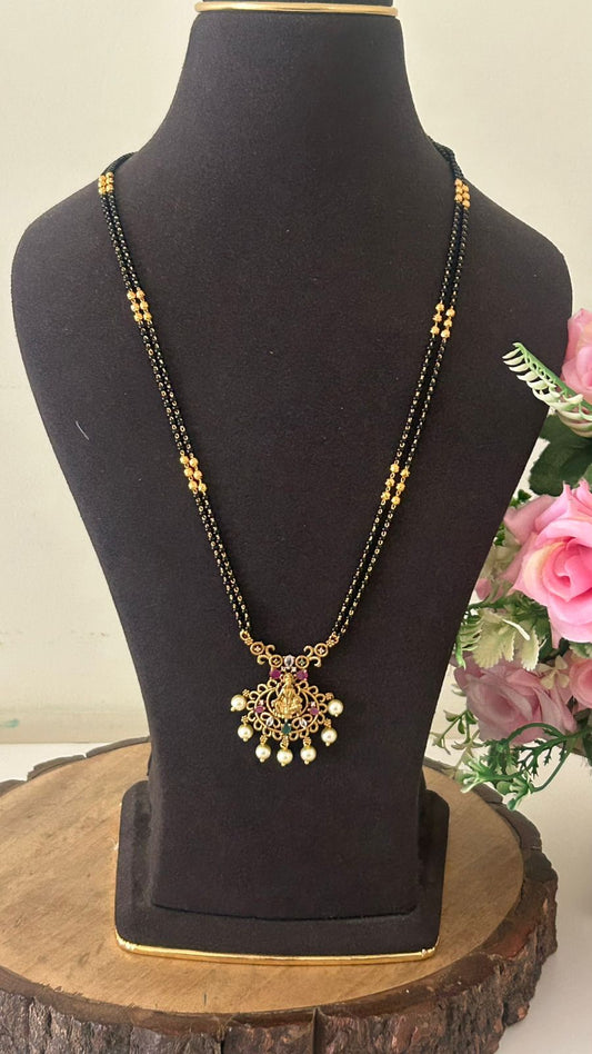 Traditional Lakshmi Temple Black Beads Mangalsutra with Pearl Drops – One Gram Gold Plated Long Mangalsutra for Women