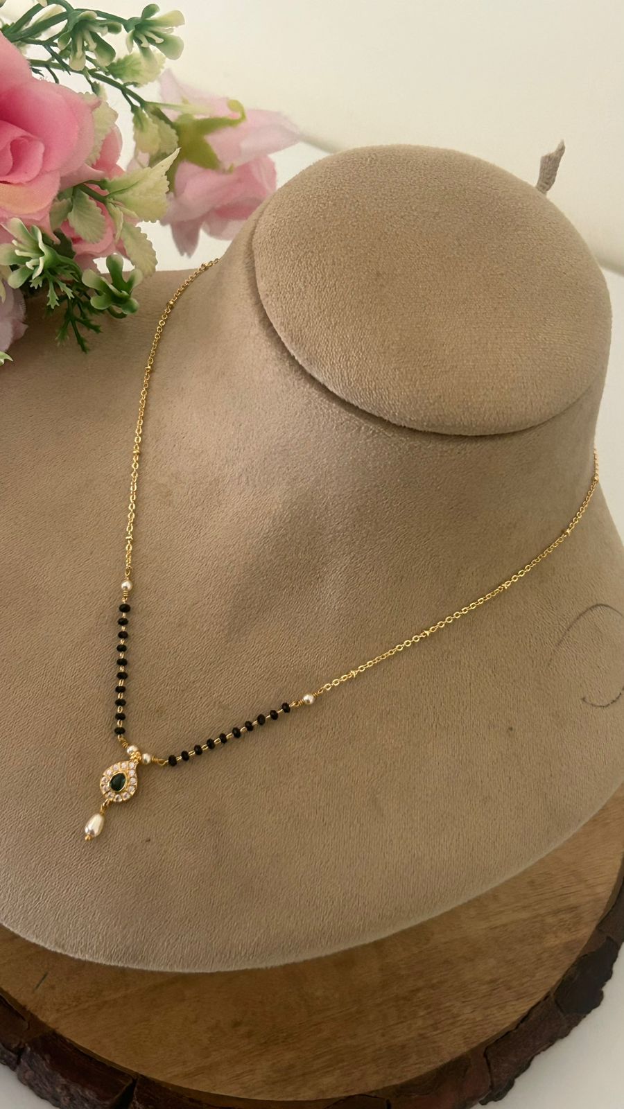 Elegant Black Beads Mangalsutra with Green Stone Pendant and Pearl Drop