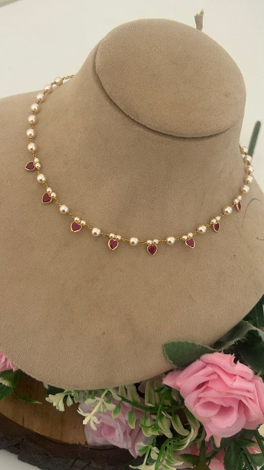 Stylish 16" Swarovski Pearl Necklace with Polki Heart Drops for Women