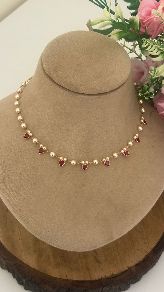 Stylish 16" Swarovski Pearl Necklace with Polki Heart Drops for Women