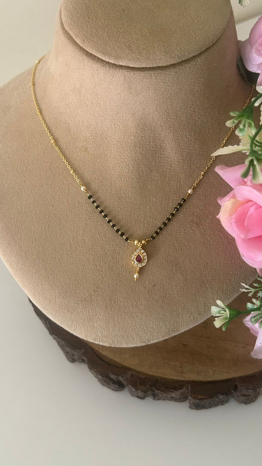 Elegant Black Beads Mangalsutra with RED Stone Pendant and Pearl Drop