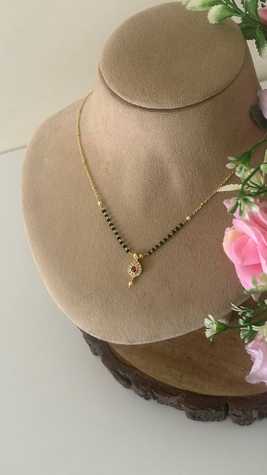 Elegant Black Beads Mangalsutra with RED Stone Pendant and Pearl Drop