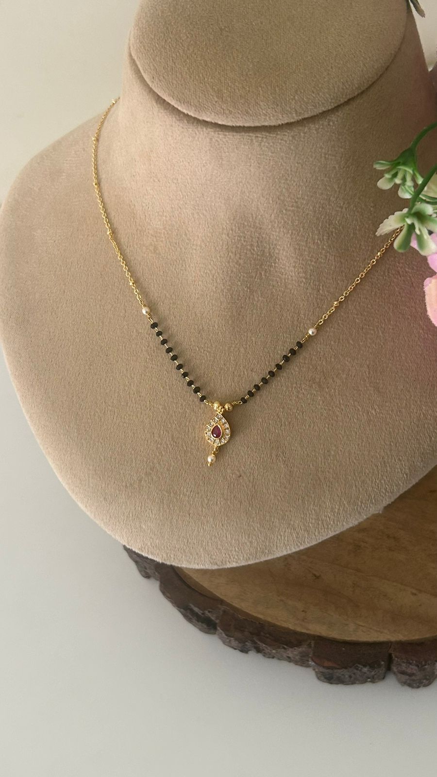 Elegant Black Beads Mangalsutra with RED Stone Pendant and Pearl Drop