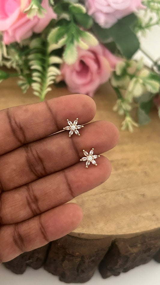 Rose Gold Finish SMALL Floral Star CZ Stud Earrings with Screw Back Piercing | Lightweight Daily Wear Studs( small)
