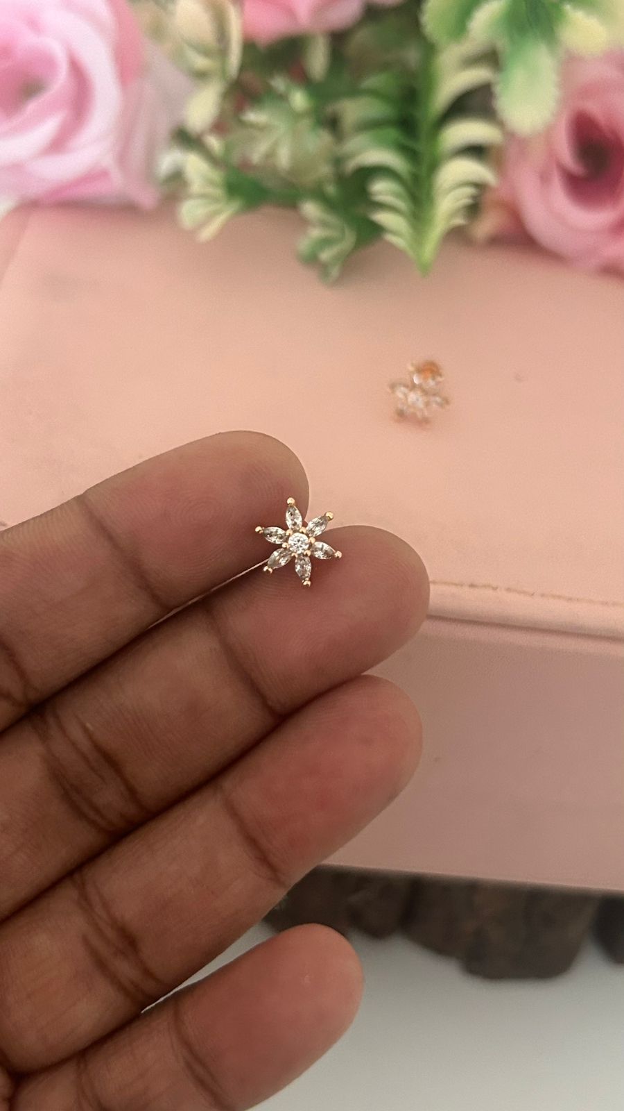 Rose Gold Finish SMALL Floral Star CZ Stud Earrings with Screw Back Piercing | Lightweight Studs( small)