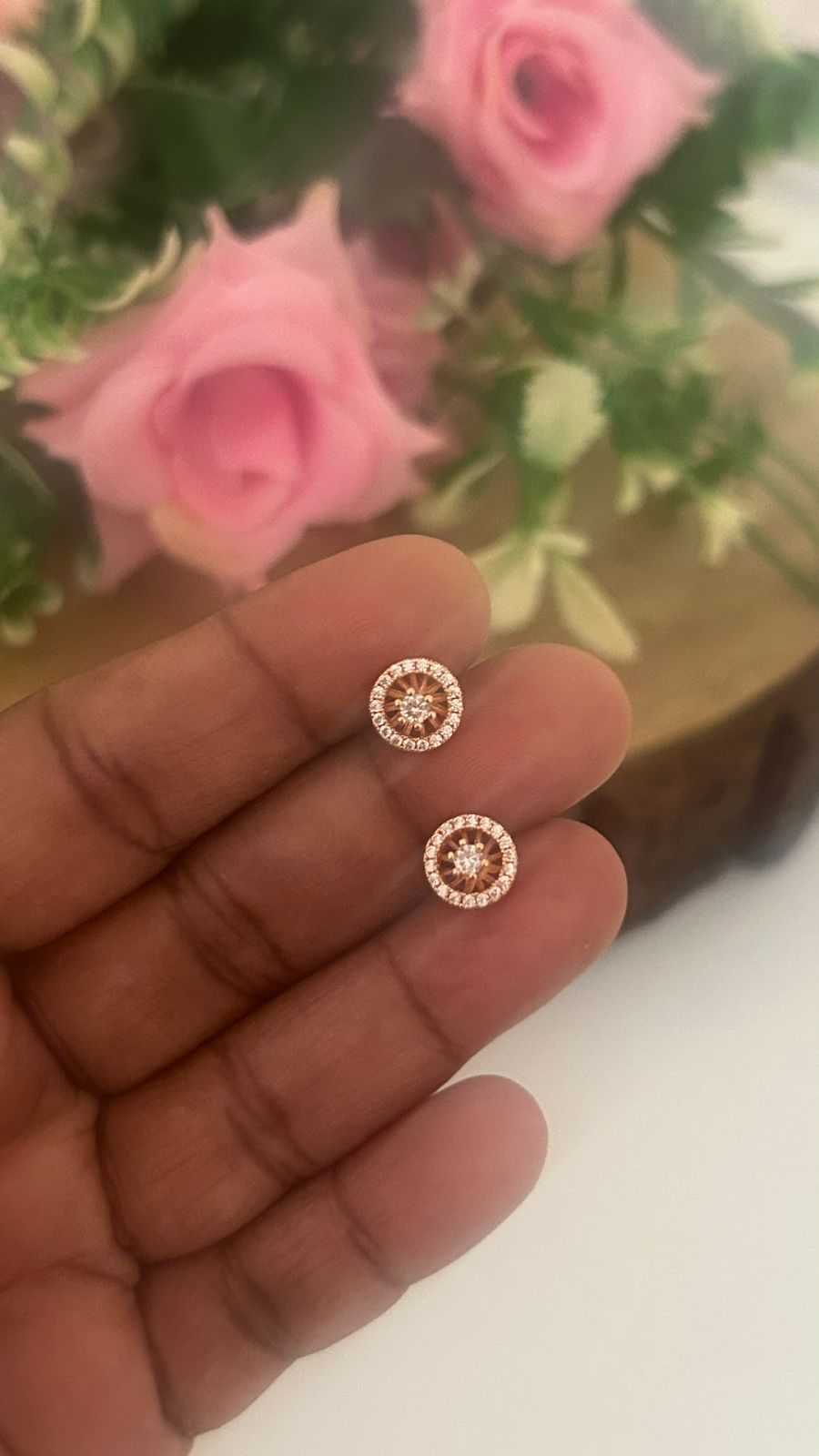 Rose Gold Finish Round Halo CZ SMALL Stud Earrings with Screw Back Piercing | Elegant Studs( small)