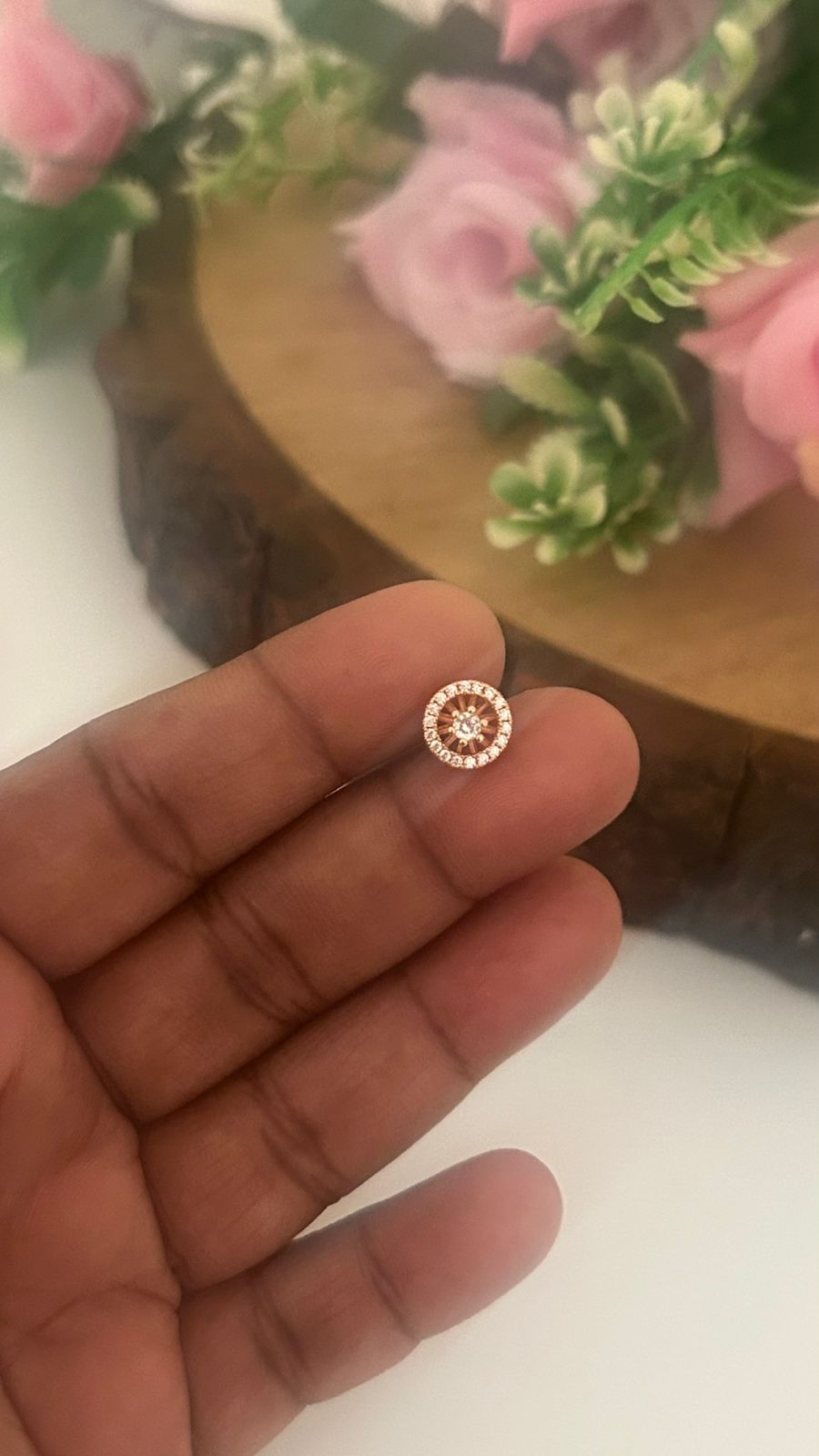 Rose Gold Finish Round Halo CZ SMALL Stud Earrings with Screw Back Piercing | Elegant Studs( small)