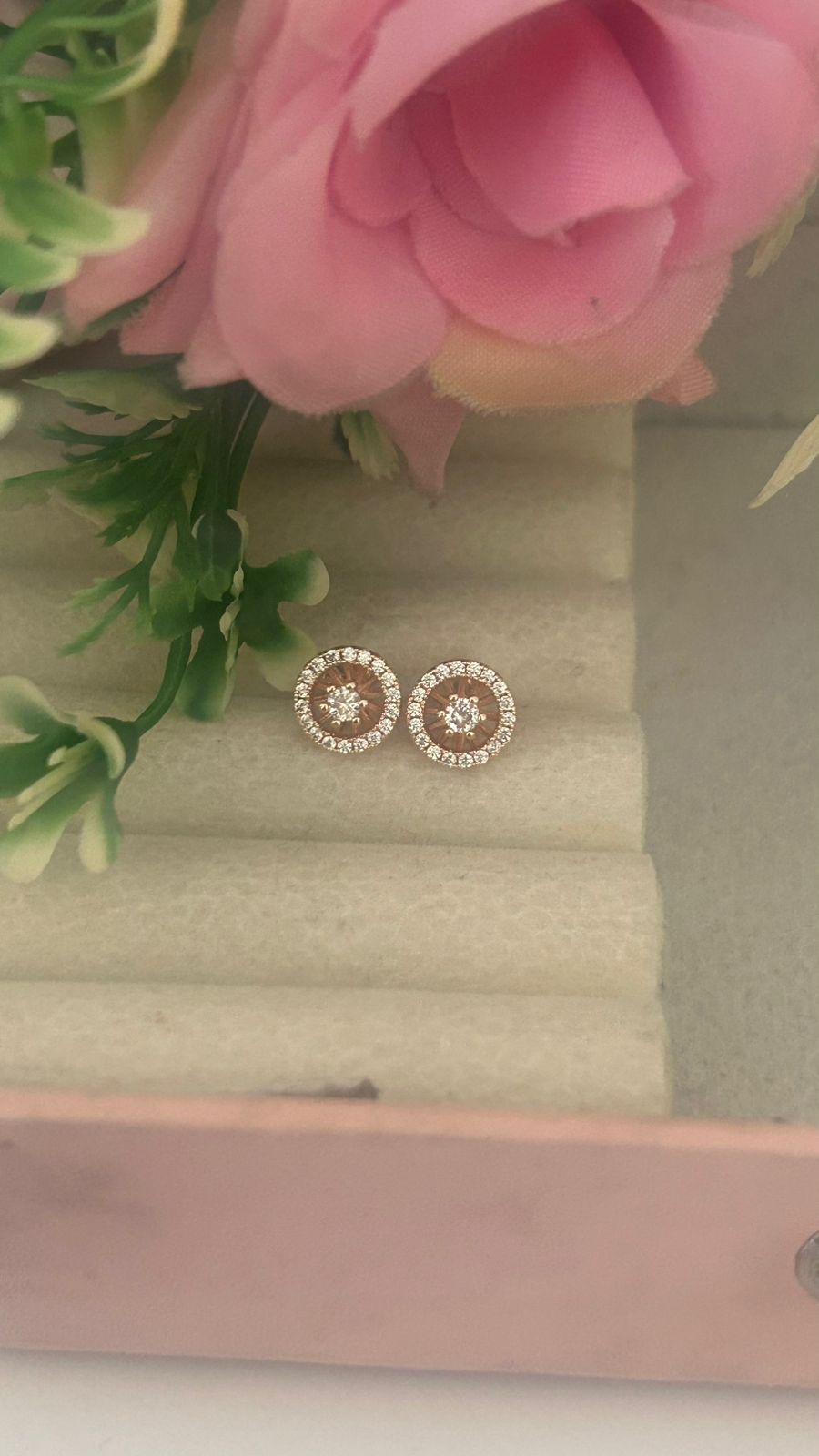Rose Gold Finish Round Halo CZ SMALL Stud Earrings with Screw Back Piercing | Elegant Studs( small)
