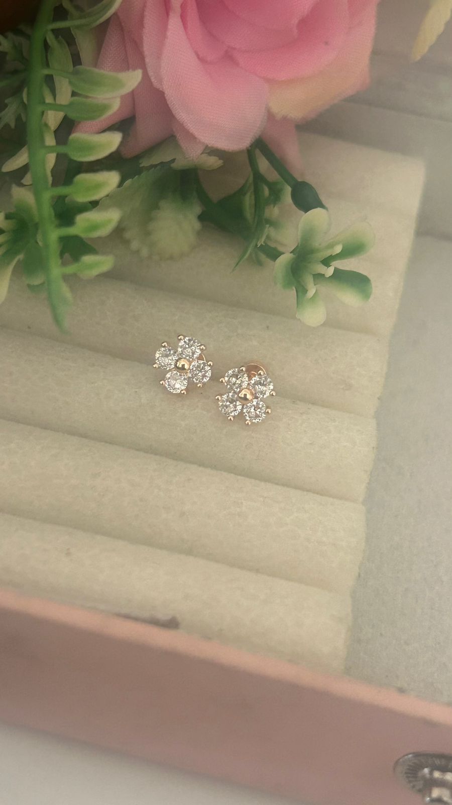Rose Gold Finish Small 4-Petal Flower CZ Stud Earrings with Screw Back Piercing | Cute Studs ( small)
