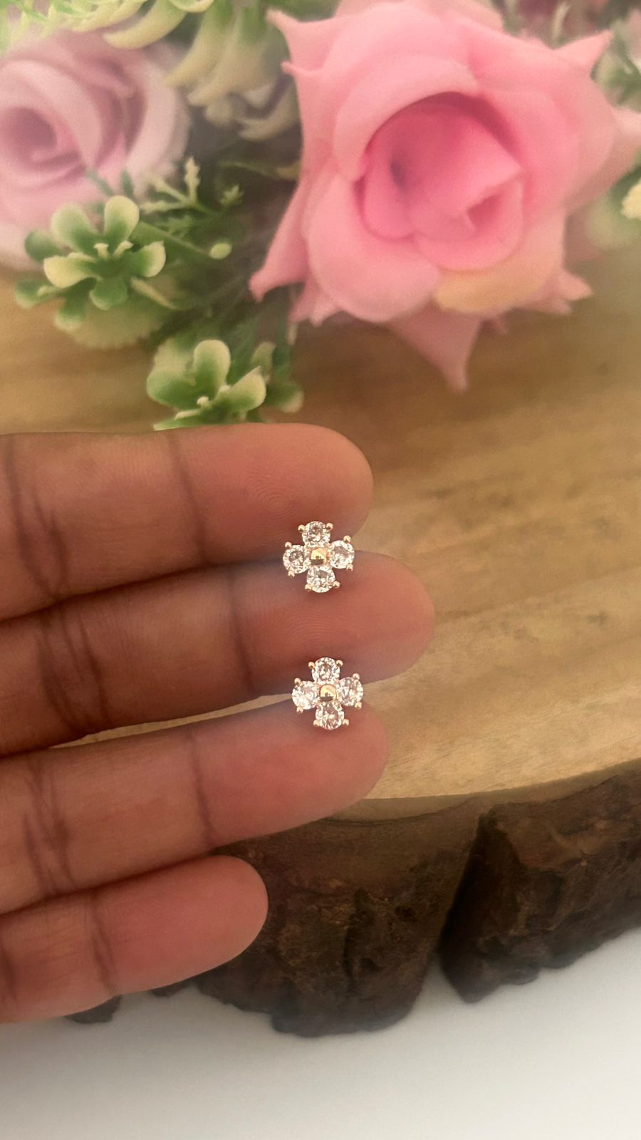 Rose Gold Finish Small 4-Petal Flower CZ Stud Earrings with Screw Back Piercing | Cute Studs ( small)