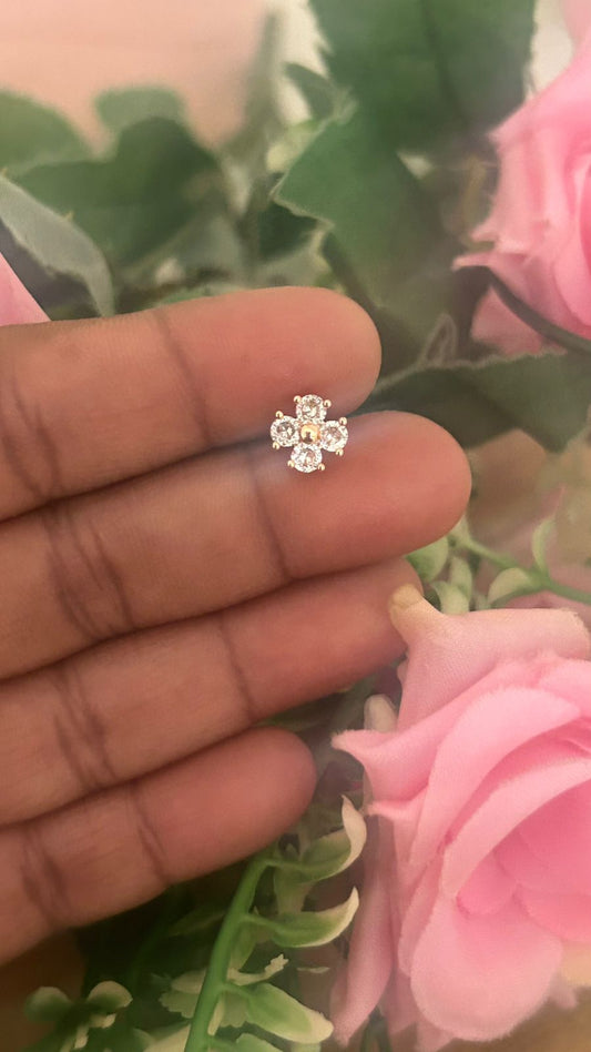 Rose Gold Finish Small 4-Petal Flower CZ Stud Earrings with Screw Back Piercing | Cute Daily Wear Studs