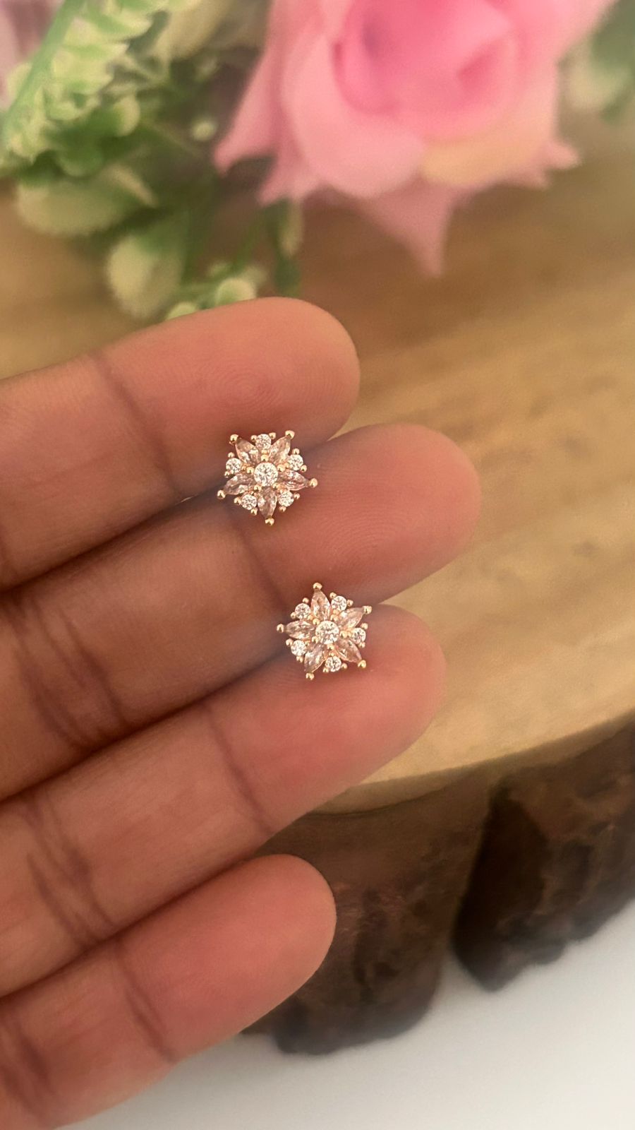 Rose Gold Finish Small Floral Cluster CZ Stud Earrings with Screw Back Piercing | Cute Studs ( small)