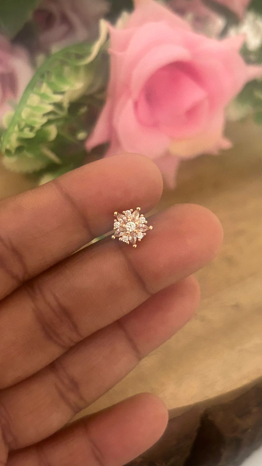 Rose Gold Finish Small Floral Cluster CZ Stud Earrings with Screw Back Piercing | Cute Studs ( small)