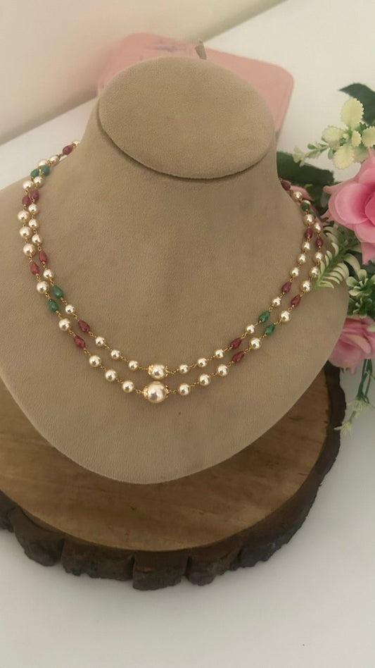 Designer CZ Beads & Swarovski Pearl 16 Inch Necklace Set with Back Side Extra Hoops