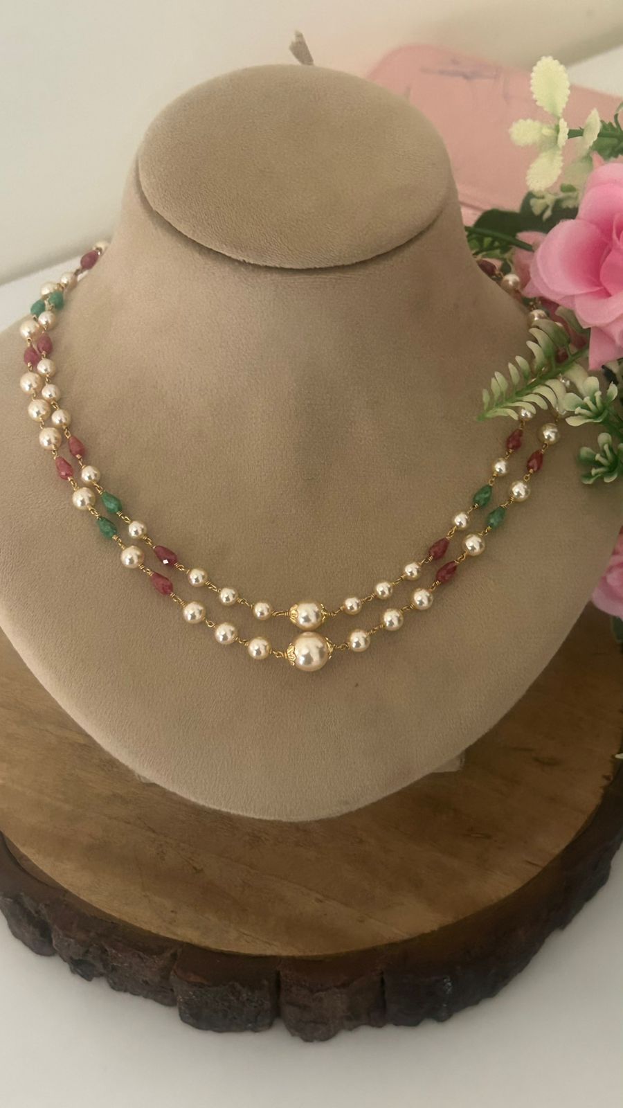 Designer CZ Beads & Swarovski Pearl 16 Inch Necklace Set with Back Side Extra Hoops