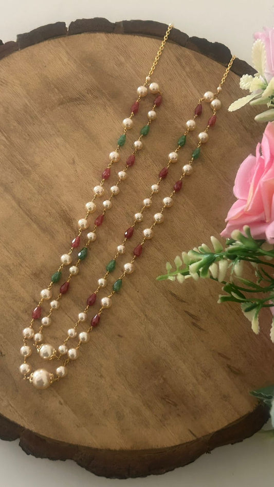 Designer CZ Beads & Swarovski Pearl 16 Inch Necklace Set with Back Side Extra Hoops