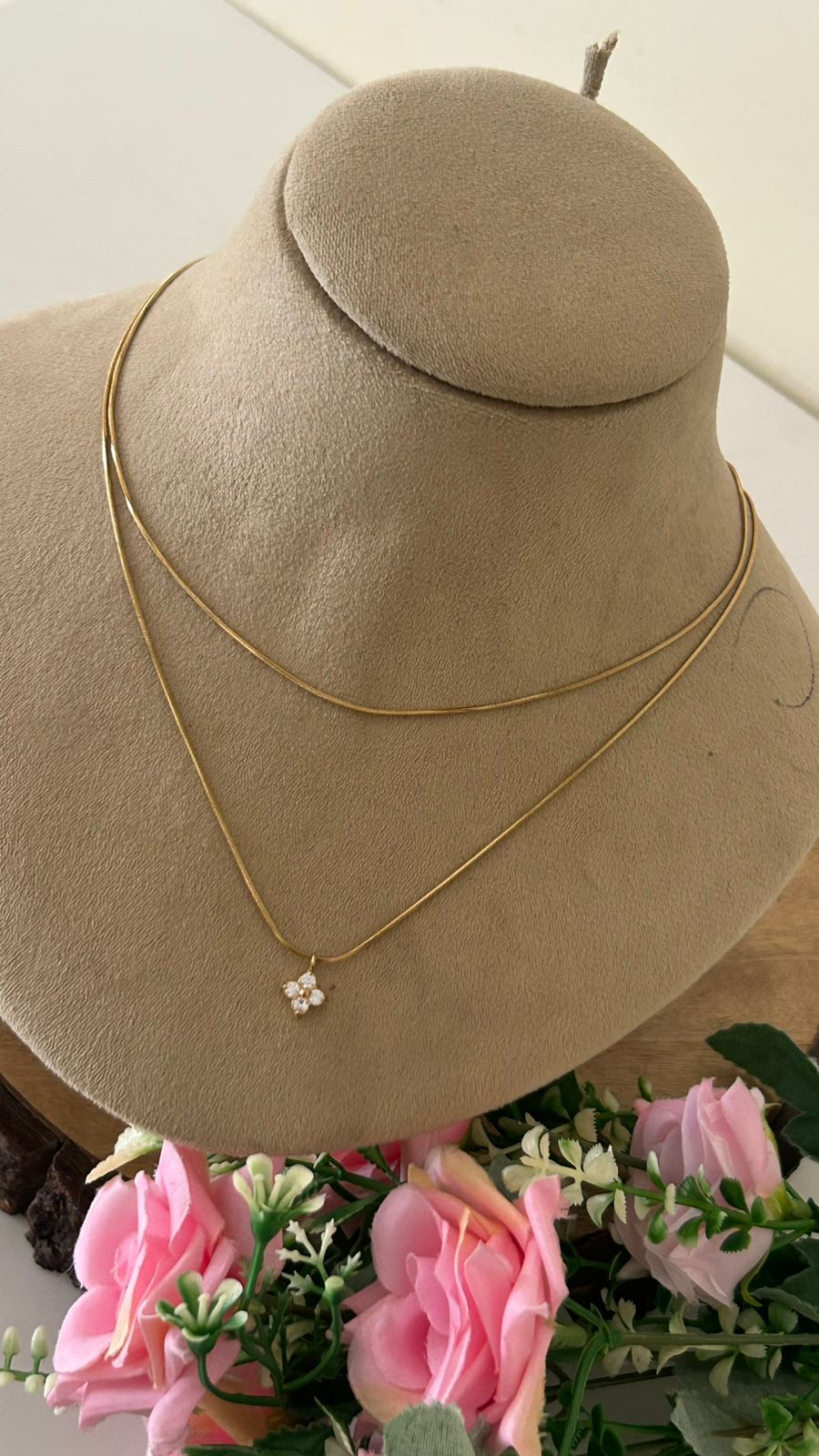 Minimalist Dual Layer Anti Tarnish Gold Plated Snake Chain Necklace with CZ Flower Pendant