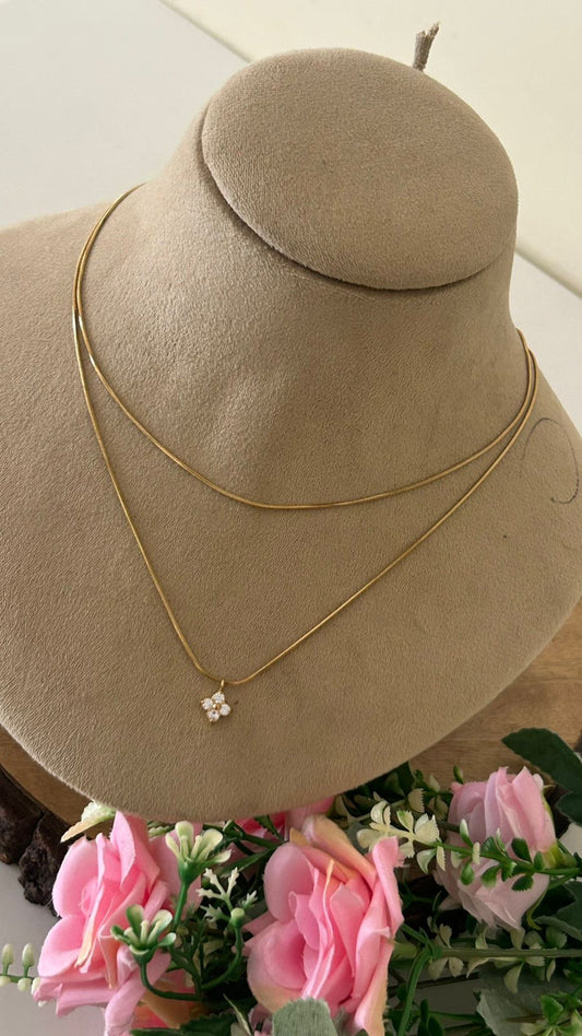 Minimalist Dual Layer Anti Tarnish Gold Plated Snake Chain Necklace with CZ Flower Pendant