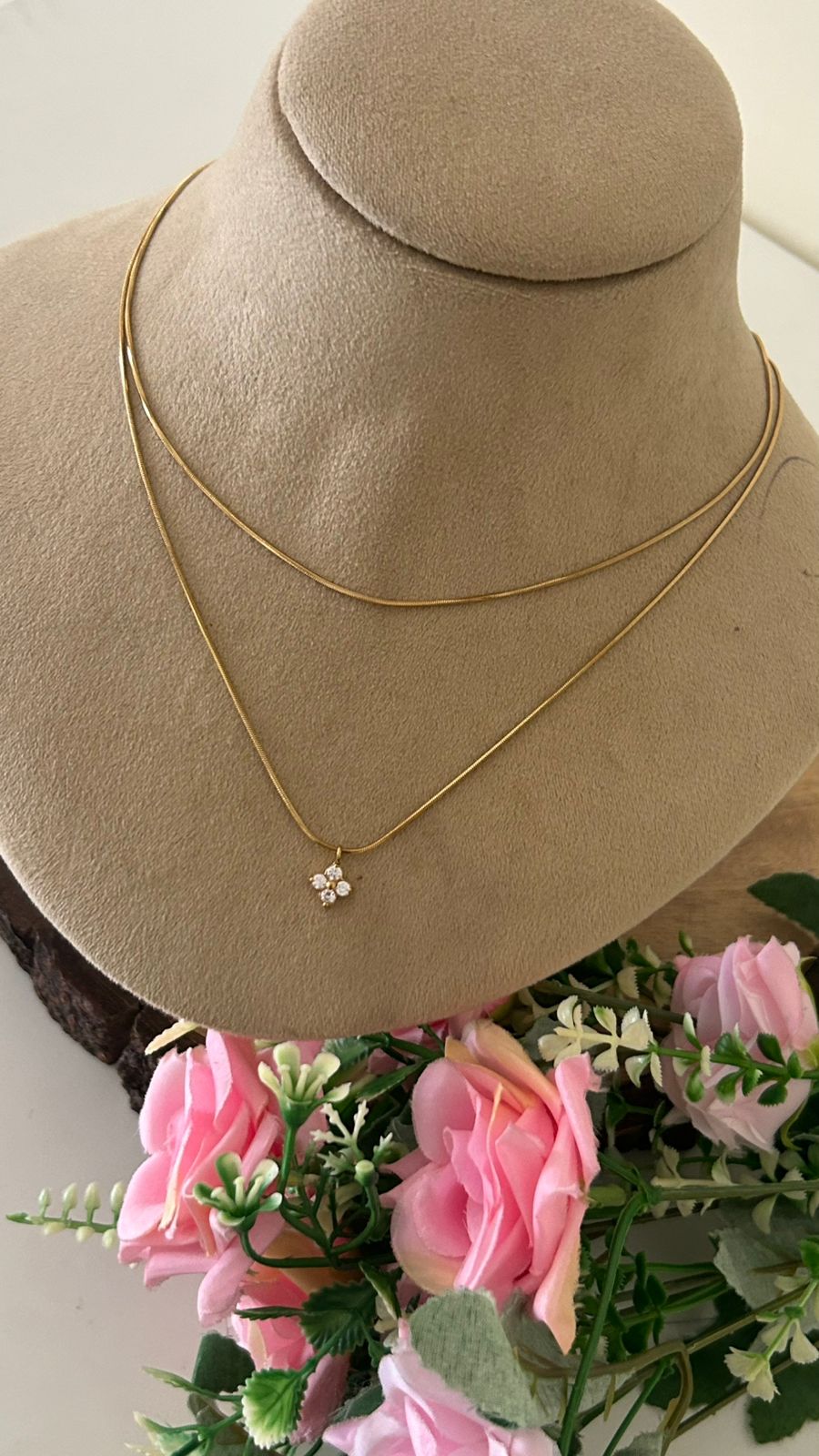 Minimalist Dual Layer Anti Tarnish Gold Plated Snake Chain Necklace with CZ Flower Pendant