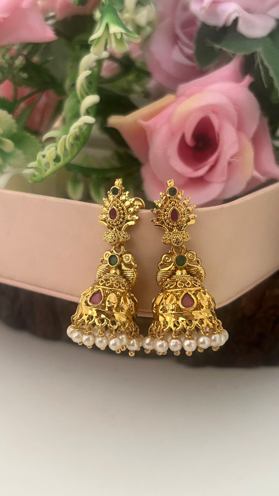 Traditional South Indian Screw Back Jhumka Earrings with Pearls and Black Beads