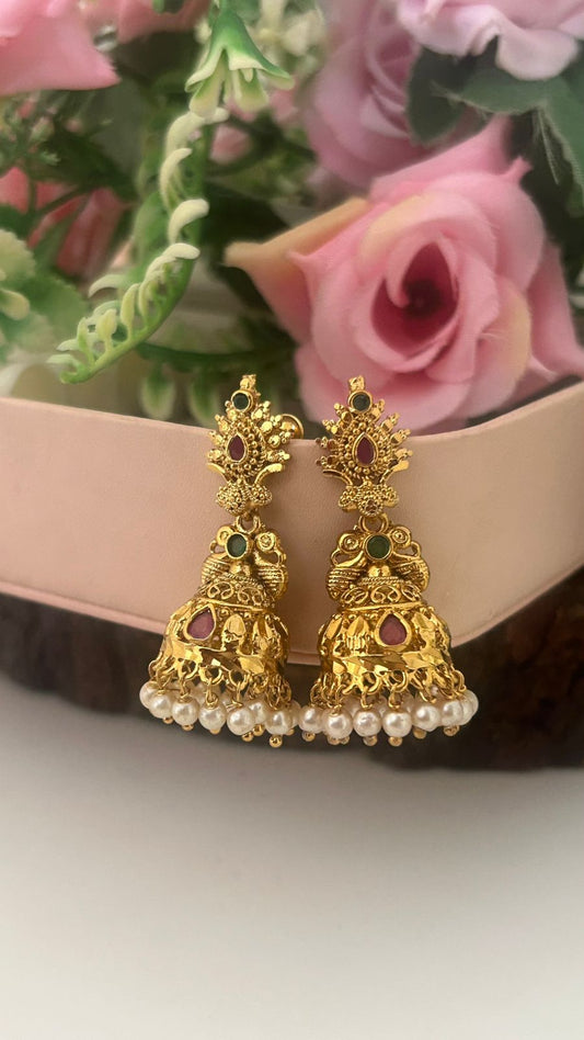 Traditional South Indian Screw Back Jhumka Earrings with Pearls and Black Beads