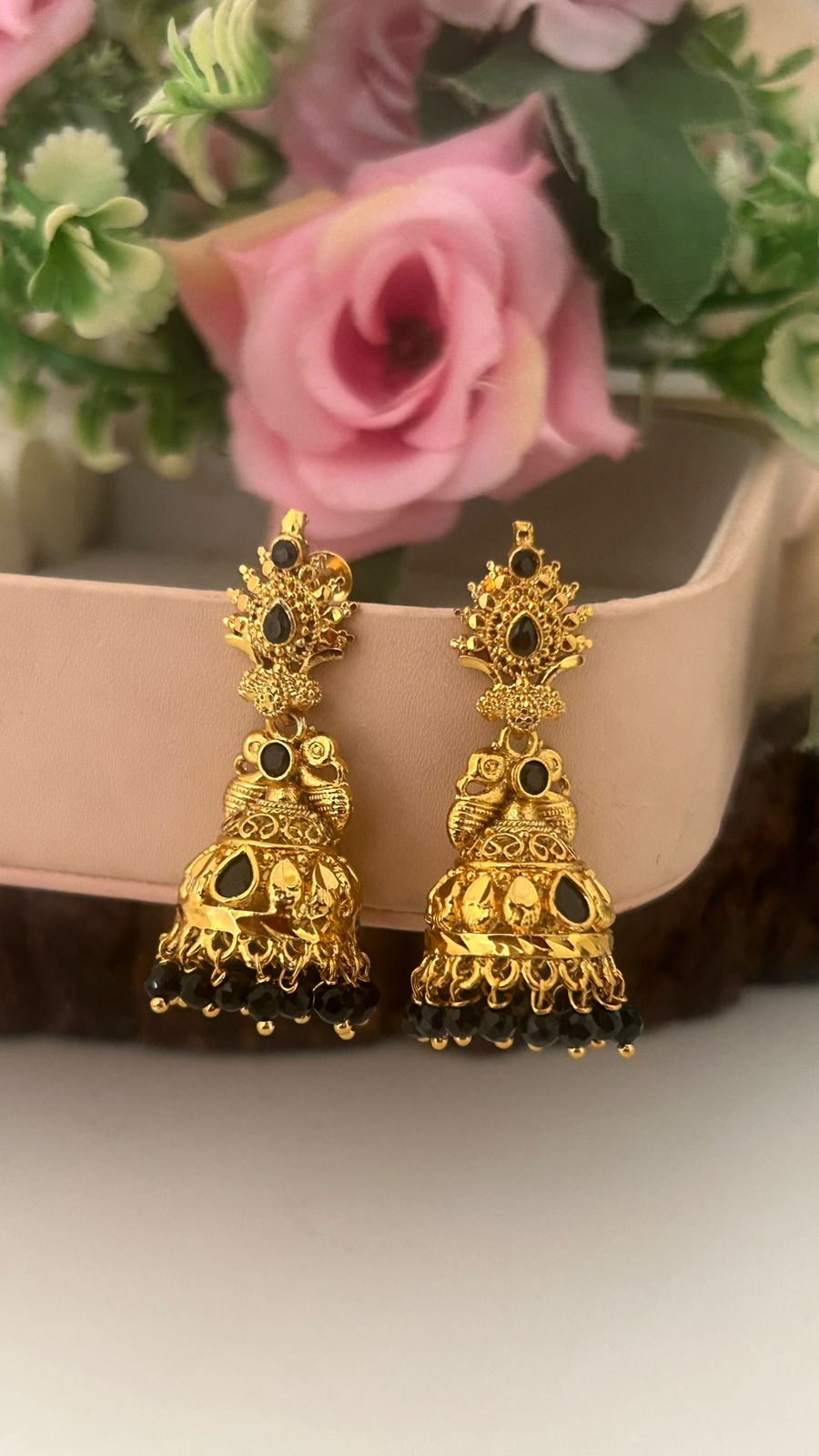 Traditional South Indian Screw Back Jhumka Earrings with Pearls and Black Beads