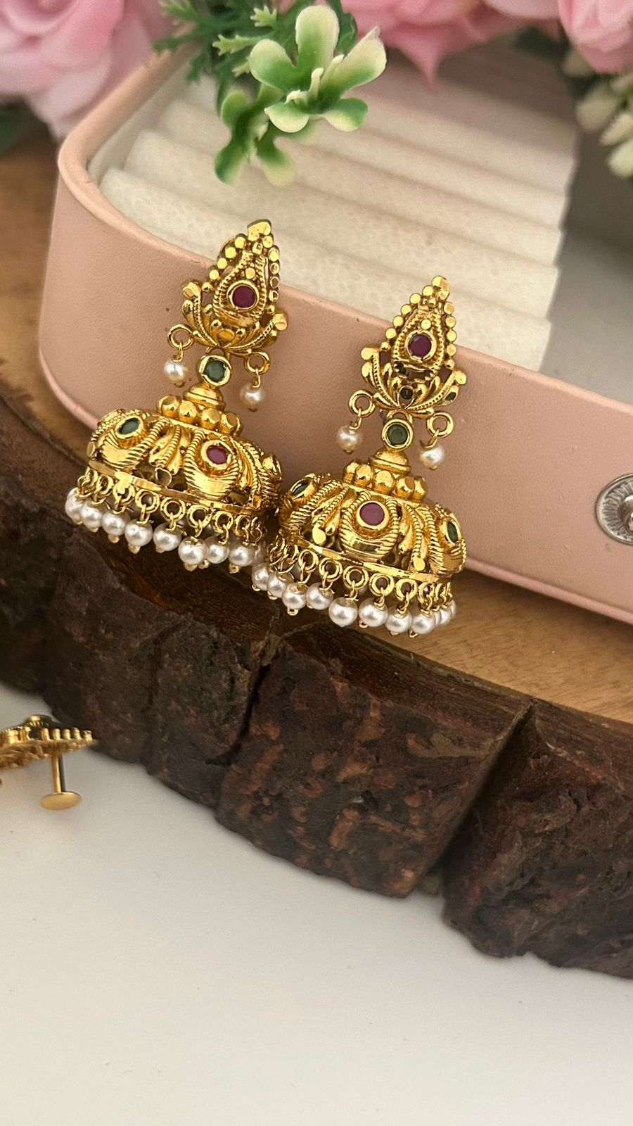 Traditional South Indian Screw Back Jhumkas with Ruby & Green Stone Design