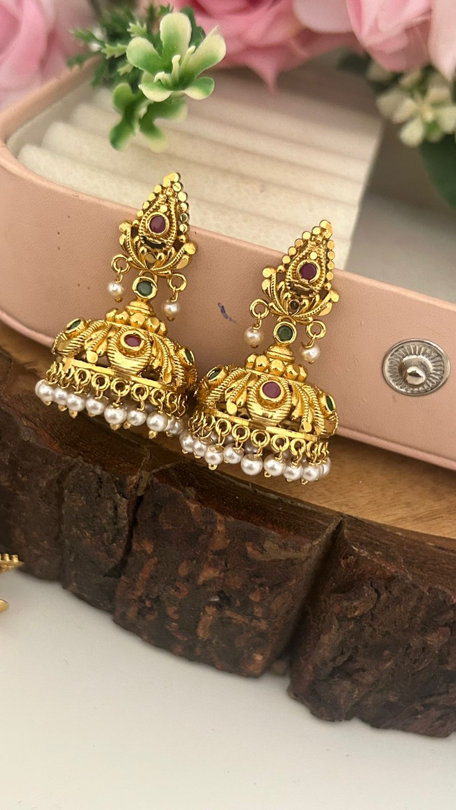 Traditional South Indian Screw Back Jhumkas with Ruby & Green Stone Design