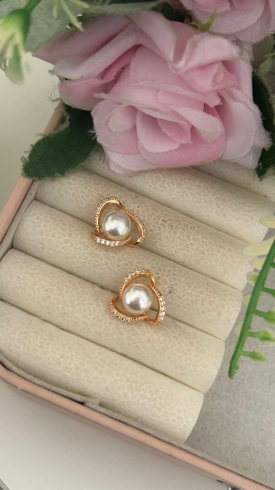 Luxury Rose Gold Pearl CZ Stud Earrings for Women