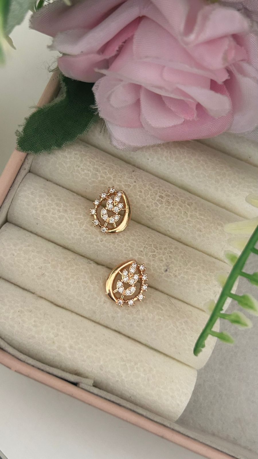 TrendyRose Gold Leaf Design CZ Stud Earrings for Women