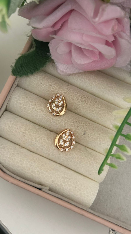 TrendyRose Gold Leaf Design CZ Stud Earrings for Women